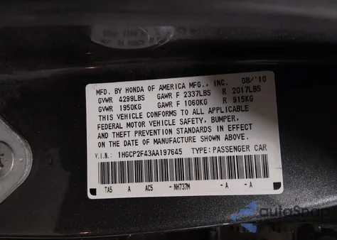 2010 Honda Accord 2.4 Lx-P from USA, damaged, VIN 1HGCP2F43AA197645